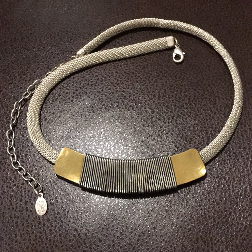 Marjorie Baer Southwestern Two Tone Silver Gold Mesh Chain Wire Wrapped Pendant